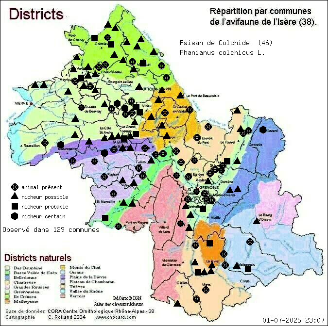 Carte de rpartition par communes en Isre d'une espce d'animal: Faisan de Colchide (Phanianus colchicus L.) selon Districts naturels