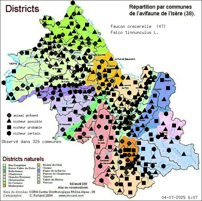 Carte de rpartition par communes en Isre d'une espce d'animal: Faucon crcerelle (Falco tinnunculus L.) selon Districts naturels