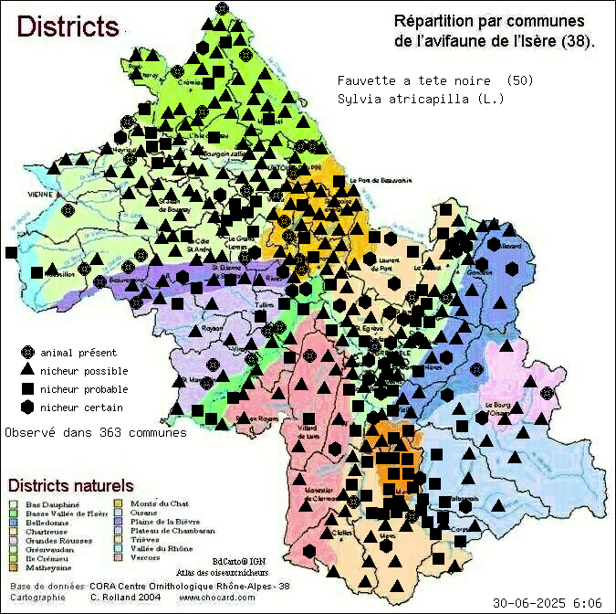 Fauvette  tte noire (Sylvia atricapilla (L.)): carte de rpartition en Isre