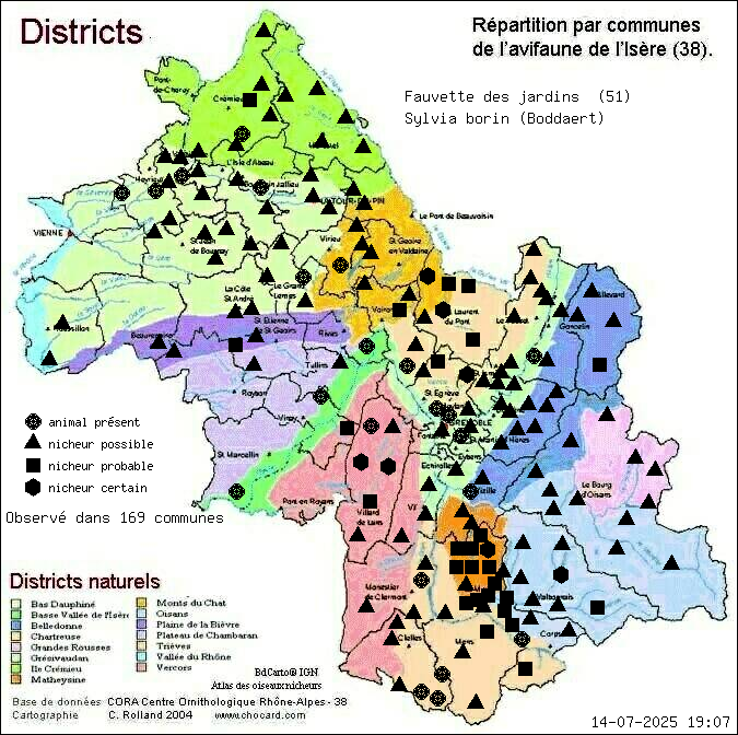 Carte de rpartition par communes en Isre d'une espce d'animal: Fauvette des jardins (Sylvia borin (Boddaert)) selon Districts naturels