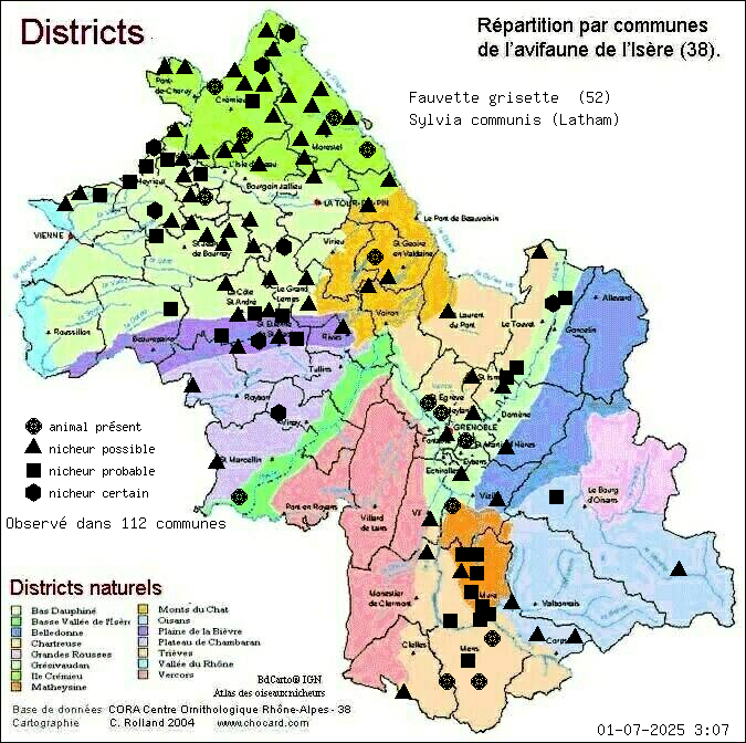 Carte de rpartition par communes en Isre d'une espce d'animal: Fauvette grisette (Sylvia communis (Latham)) selon Districts naturels