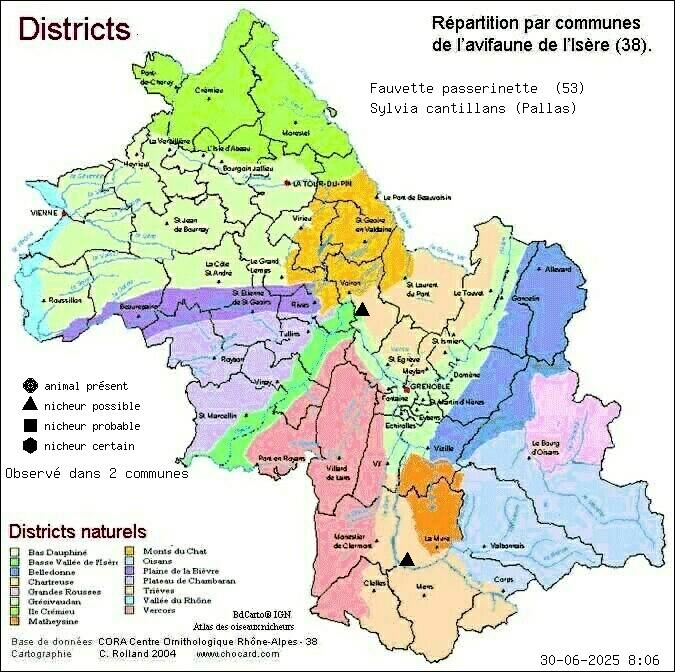 Carte de rpartition par communes en Isre d'une espce d'animal: Fauvette passerinette (Sylvia cantillans (Pallas)) selon Districts naturels