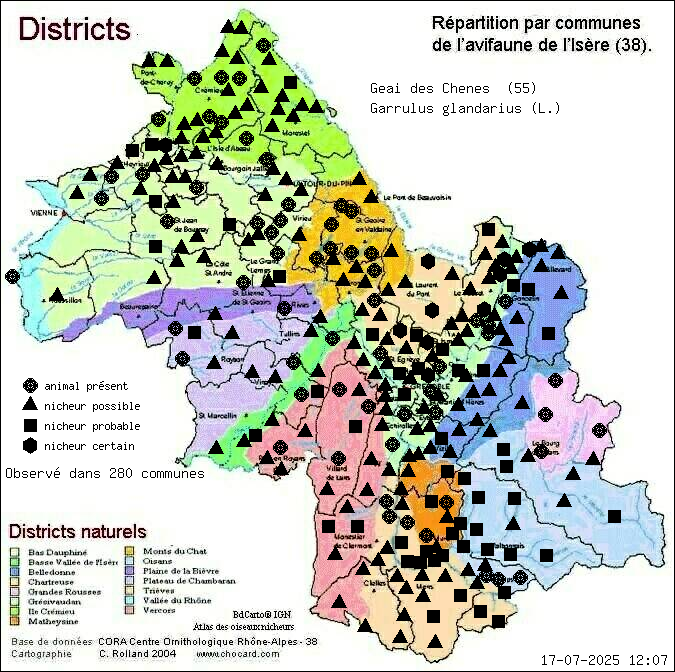 Carte de rpartition par communes en Isre d'une espce d'animal: Geai des Chnes (Garrulus glandarius (L.)) selon Districts naturels