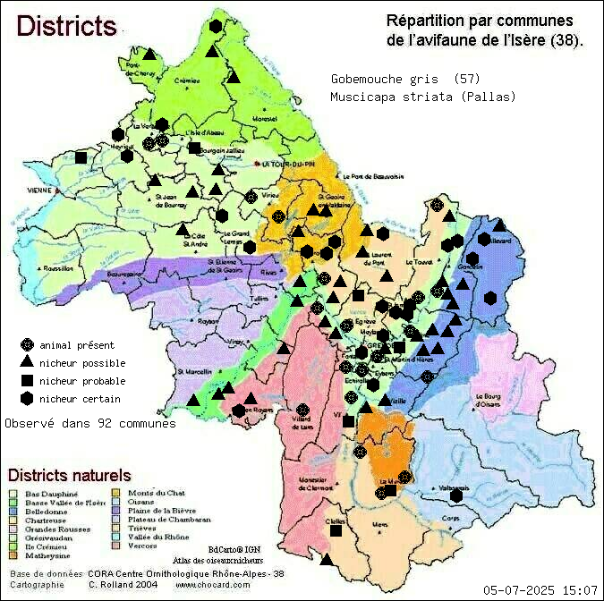 Carte de rpartition par communes en Isre d'une espce d'animal: Gobemouche gris (Muscicapa striata (Pallas)) selon Districts naturels
