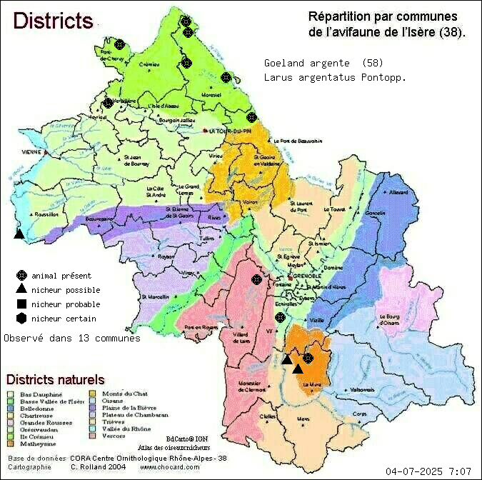 Carte de rpartition par communes en Isre d'une espce d'animal: Goland argent (Larus argentatus Pontopp.) selon Districts naturels