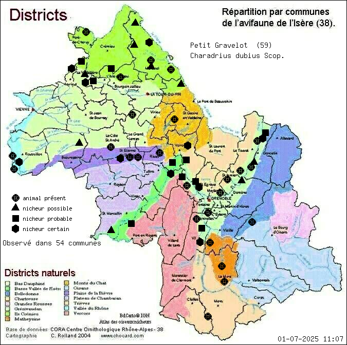 Carte de rpartition par communes en Isre d'une espce d'animal: Petit Gravelot (Charadrius dubius Scop.) selon Districts naturels