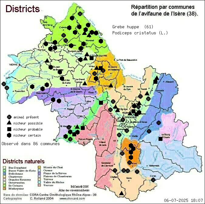 Grbe hupp (Podiceps cristatus (L.)): carte de rpartition en Isre