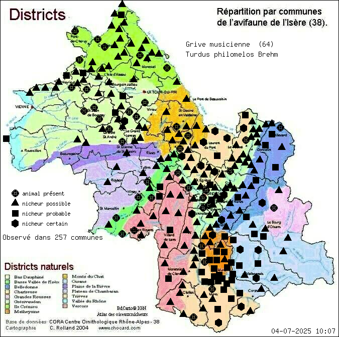 Grive musicienne (Turdus philomelos Brehm): carte de rpartition en Isre