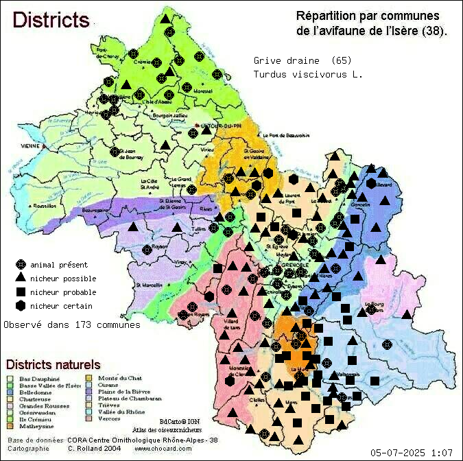 Grive draine (Turdus viscivorus L.): carte de rpartition en Isre