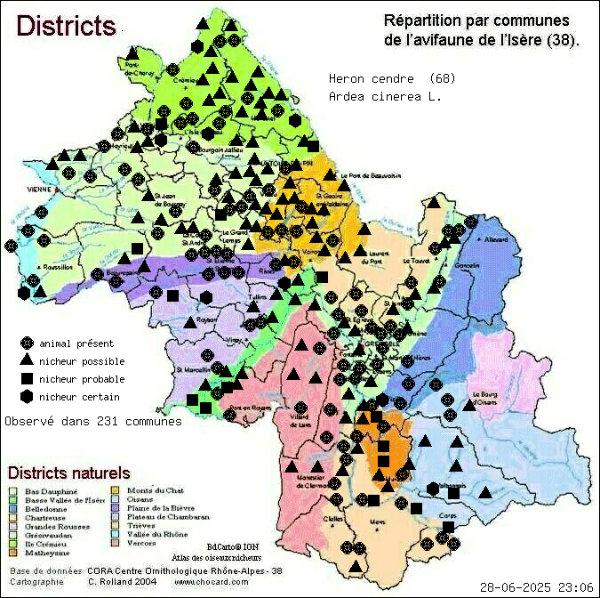 Carte de rpartition par communes en Isre d'une espce d'animal: Hron cendr (Ardea cinerea L.) selon Districts naturels