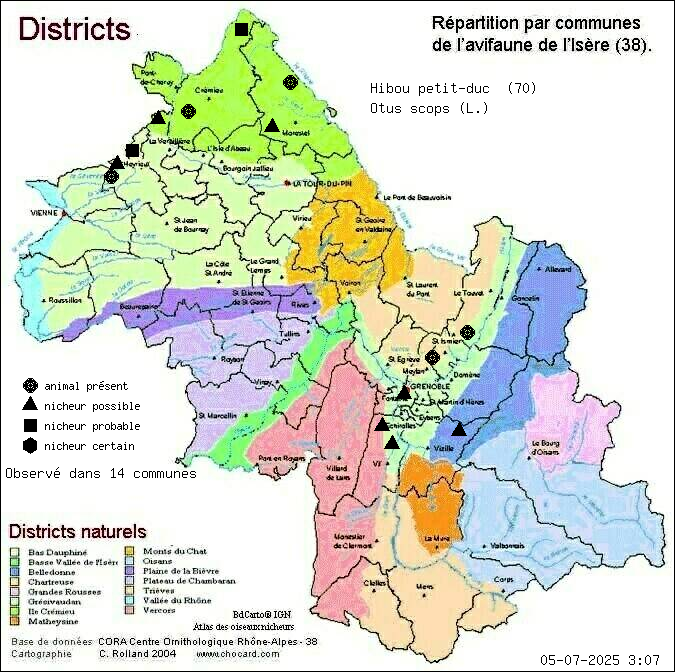 Carte de rpartition par communes en Isre d'une espce d'animal: Hibou petit-duc (Otus scops (L.)) selon Districts naturels