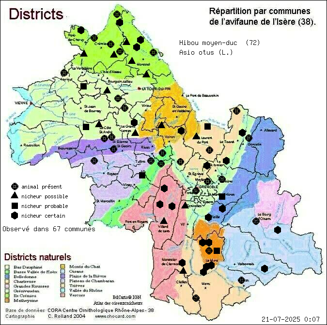 Carte de rpartition par communes en Isre d'une espce d'animal: Hibou moyen-duc (Asio otus (L.)) selon Districts naturels