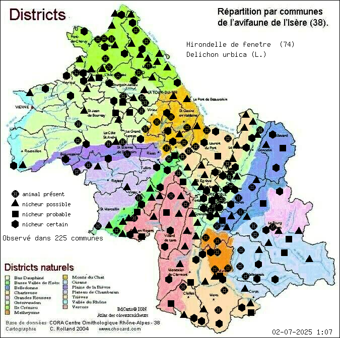 Carte de rpartition par communes en Isre d'une espce d'animal: Hirondelle de fentre (Delichon urbica (L.)) selon Districts naturels