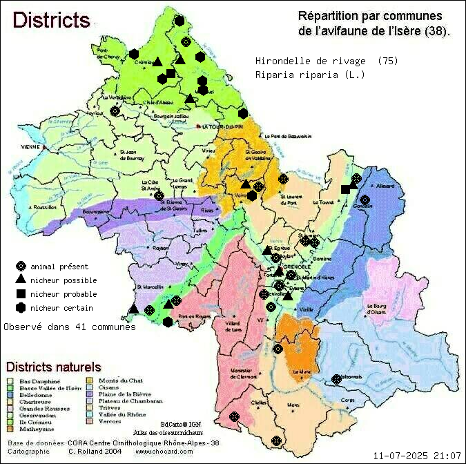 Carte de rpartition par communes en Isre d'une espce d'animal: Hirondelle de rivage (Riparia riparia (L.)) selon Districts naturels