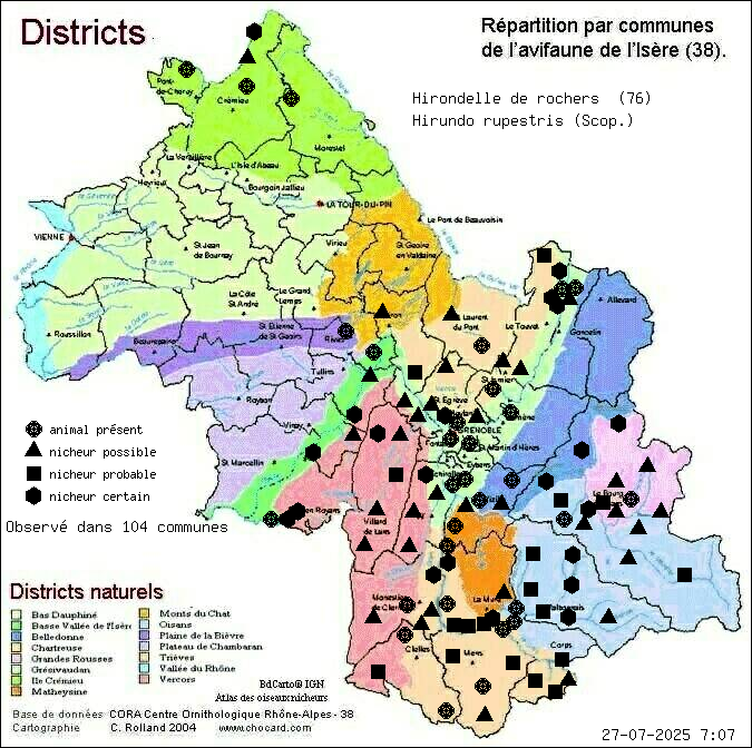 Hirondelle de rochers (Hirundo rupestris (Scop.)): carte de rpartition en Isre
