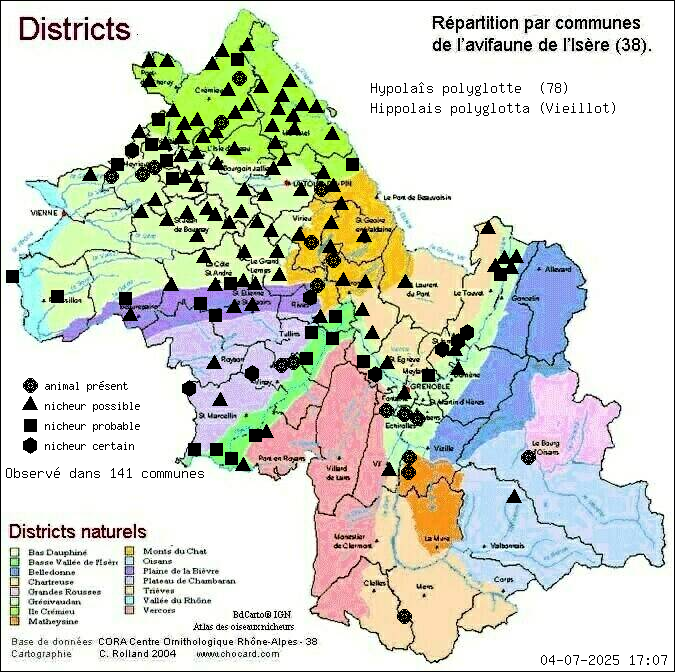 Hypolas polyglotte (Hippolais polyglotta (Vieillot)): carte de rpartition en Isre