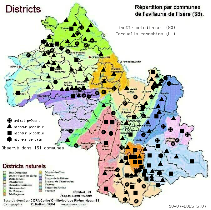 Carte de rpartition par communes en Isre d'une espce d'animal: Linotte mlodieuse (Carduelis cannabina (L.)) selon Districts naturels