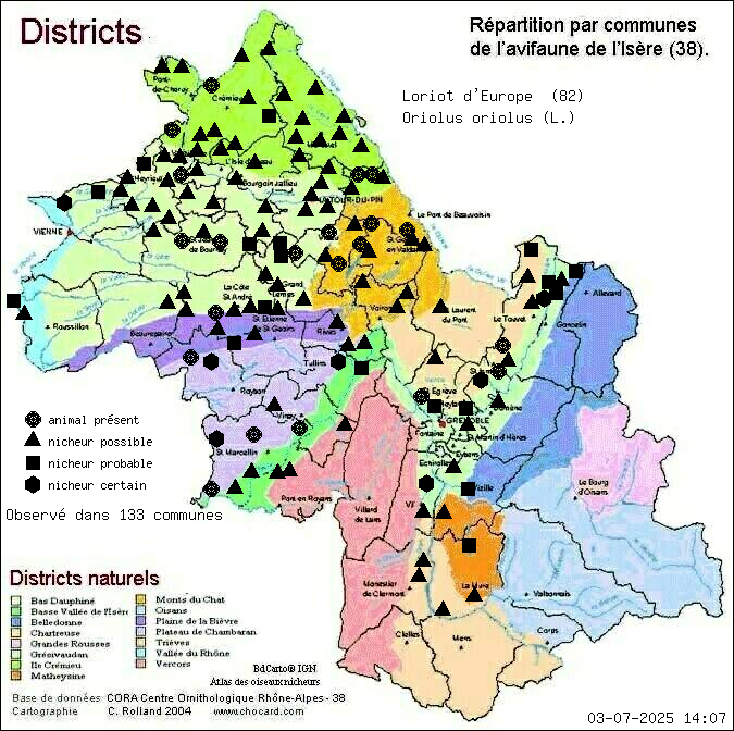 Carte de rpartition par communes en Isre d'une espce d'animal: Loriot d Europe (Oriolus oriolus (L.)) selon Districts naturels