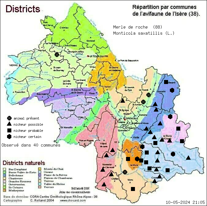 Carte de rpartition par communes en Isre d'une espce d'animal: Merle de roche (Monticola saxatillis (L.)) selon Districts naturels