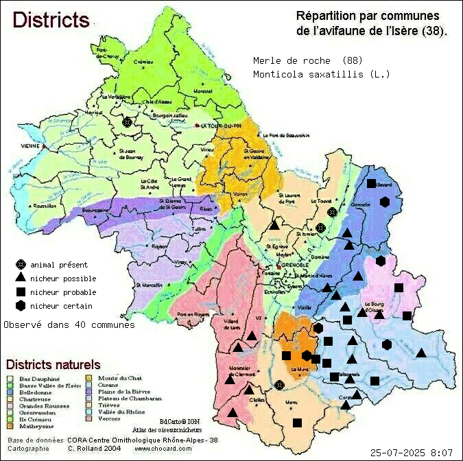 Carte de rpartition par communes en Isre d'une espce d'animal: Merle de roche (Monticola saxatillis (L.)) selon Districts naturels