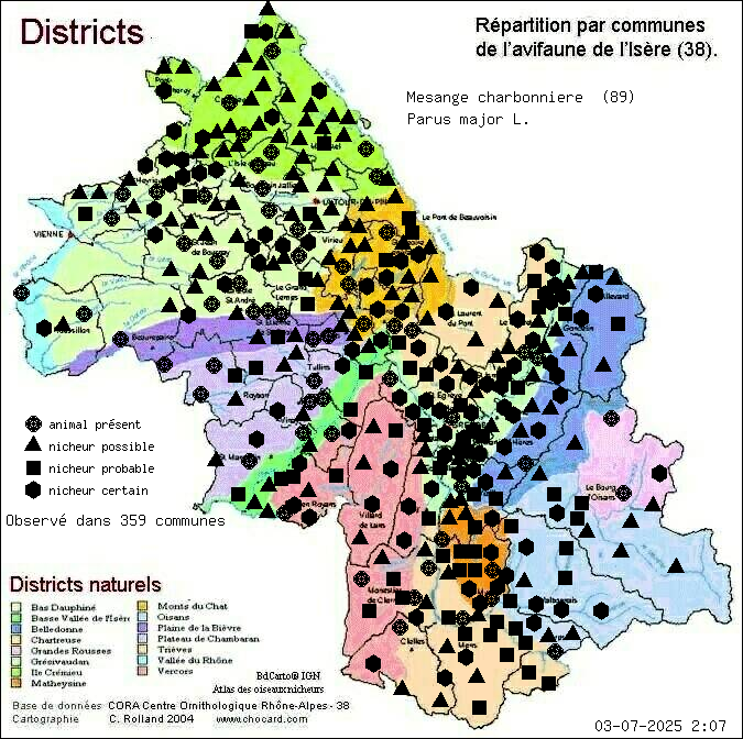 Carte de rpartition par communes en Isre d'une espce d'animal: Msange charbonnire (Parus major L.) selon Districts naturels