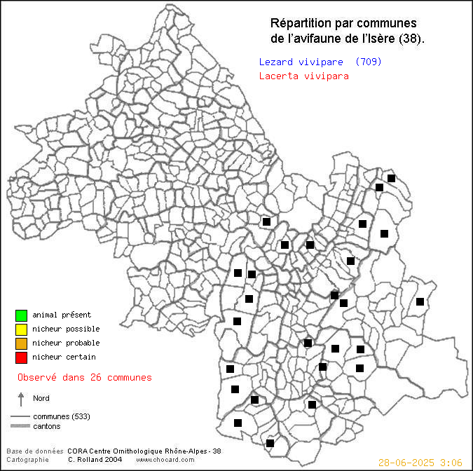 Carte de rpartition par communes en Isre d'une espce d'animal: Lzard vivipare (Lacerta vivipara) selon Communes et cantons