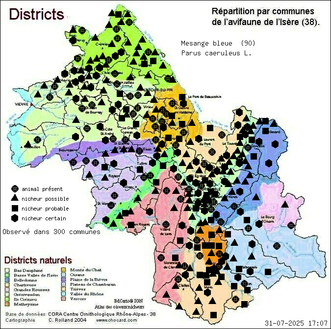 Msange bleue (Parus caeruleus L.): carte de rpartition en Isre