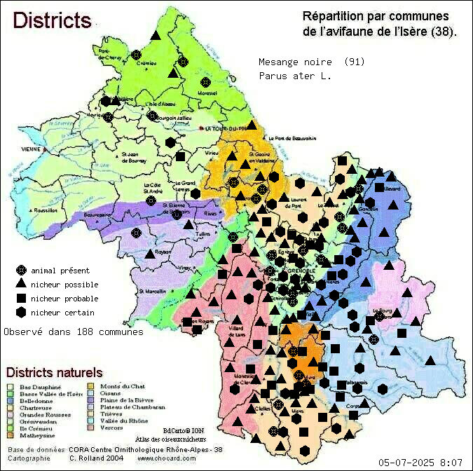 Carte de rpartition par communes en Isre d'une espce d'animal: Msange noire (Parus ater L.) selon Districts naturels