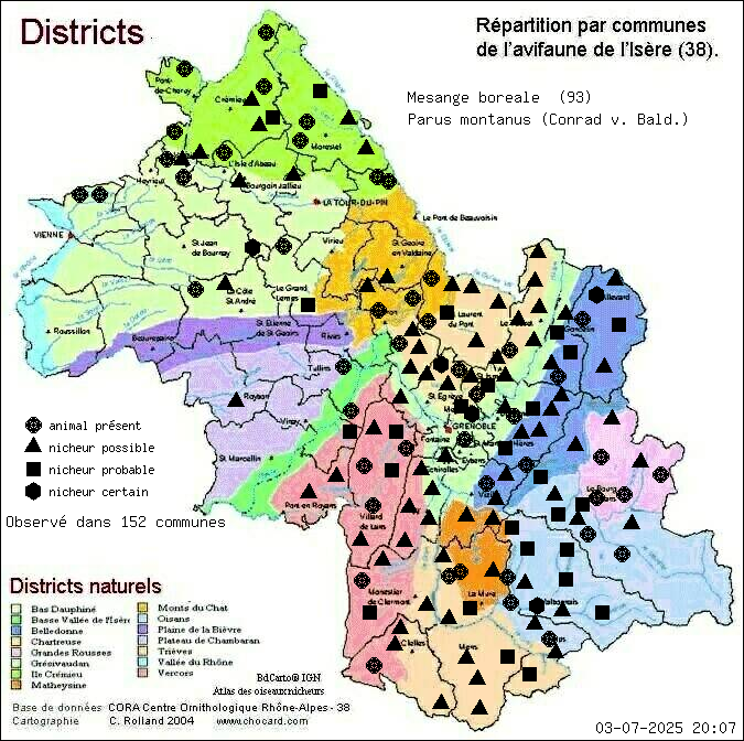 Carte de rpartition par communes en Isre d'une espce d'animal: Msange borale (Parus montanus (Conrad v. Bald.)) selon Districts naturels