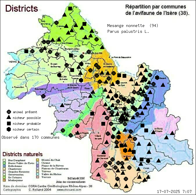 Carte de rpartition par communes en Isre d'une espce d'animal: Msange nonnette (Parus palustris L.) selon Districts naturels