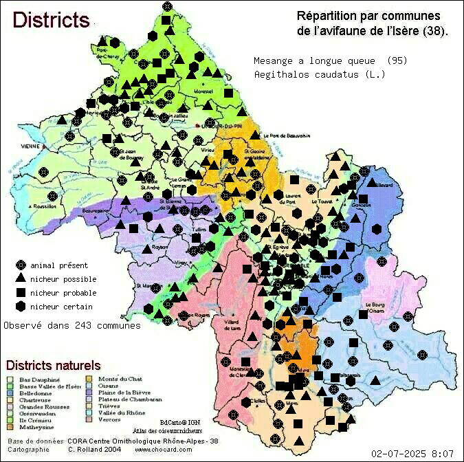 Carte de rpartition par communes en Isre d'une espce d'animal: Msange  longue queue (Aegithalos caudatus (L.)) selon Districts naturels