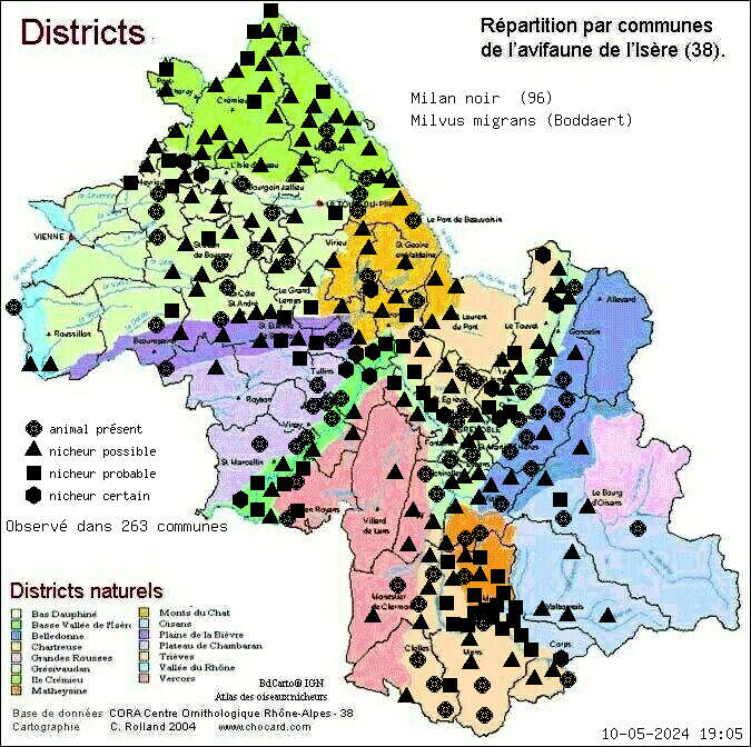 Carte de rpartition par communes en Isre d'une espce d'animal: Milan noir (Milvus migrans (Boddaert)) selon Districts naturels