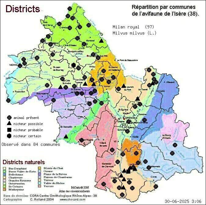 Carte de rpartition par communes en Isre d'une espce d'animal: Milan royal (Milvus milvus (L.)) selon Districts naturels