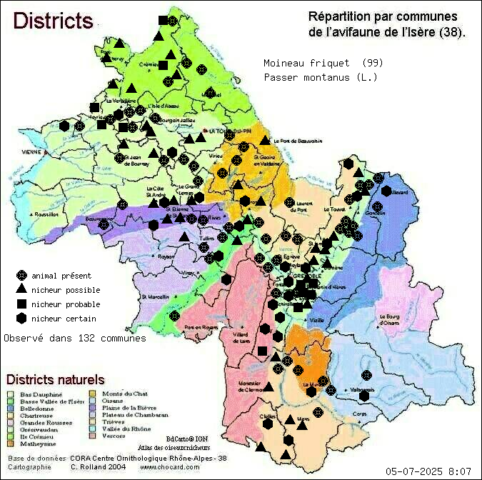 Carte de rpartition par communes en Isre d'une espce d'animal: Moineau friquet (Passer montanus (L.)) selon Districts naturels
