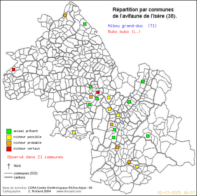 Hibou grand-duc (Bubo bubo (L.)): carte de rpartition en Isre