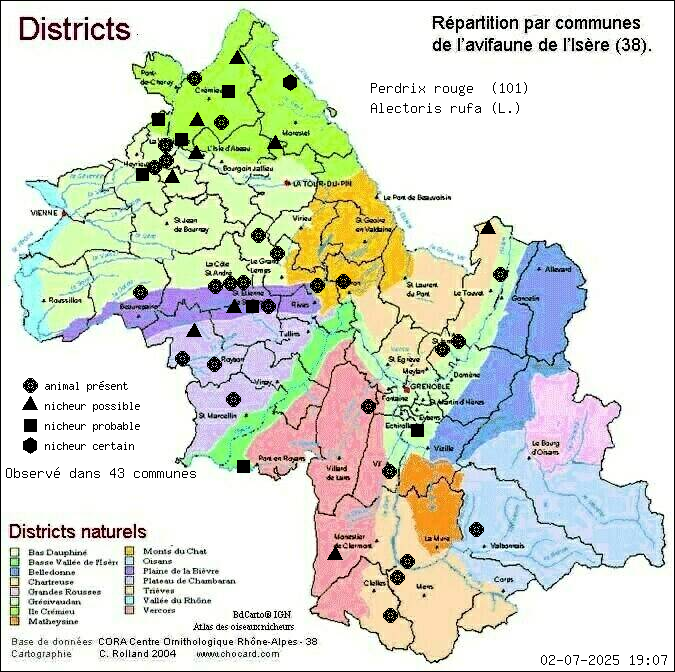 Carte de rpartition par communes en Isre d'une espce d'animal: Perdrix rouge (Alectoris rufa (L.)) selon Districts naturels