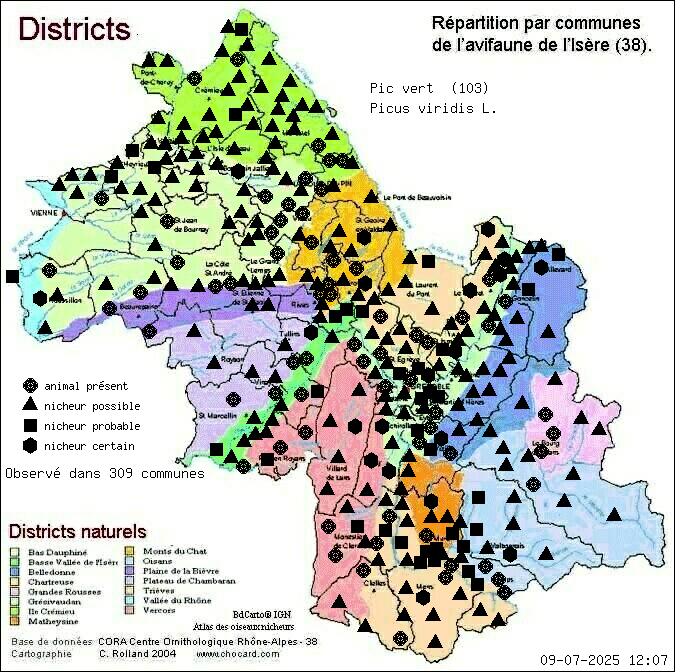 Carte de rpartition par communes en Isre d'une espce d'animal: Pic vert (Picus viridis L.) selon Districts naturels
