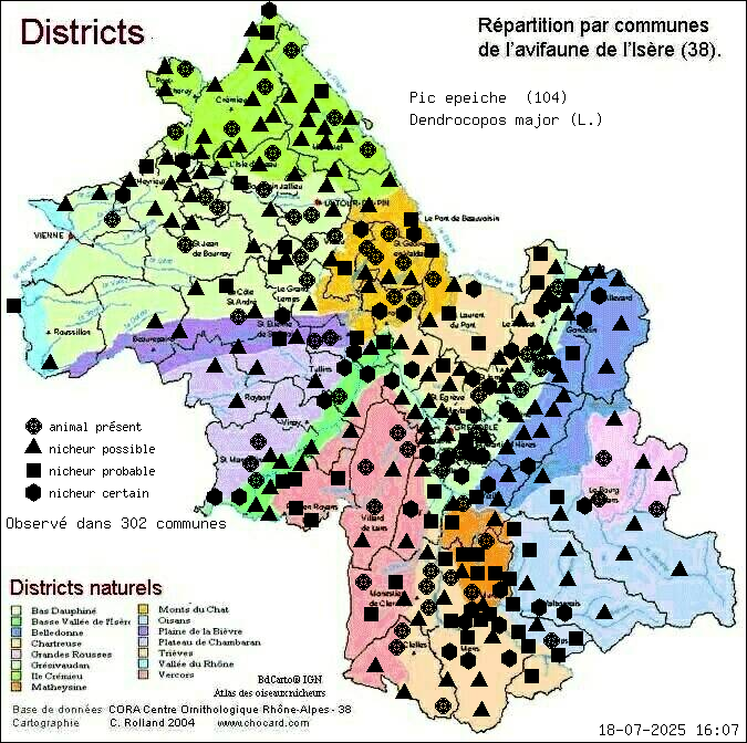 Pic peiche (Dendrocopos major (L.)): carte de rpartition en Isre