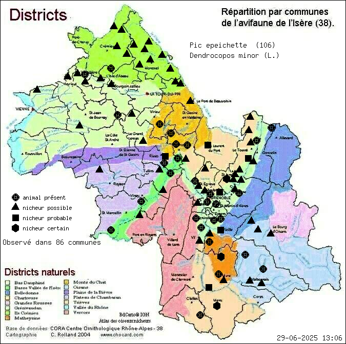 Carte de rpartition par communes en Isre d'une espce d'animal: Pic peichette (Dendrocopos minor (L.)) selon Districts naturels