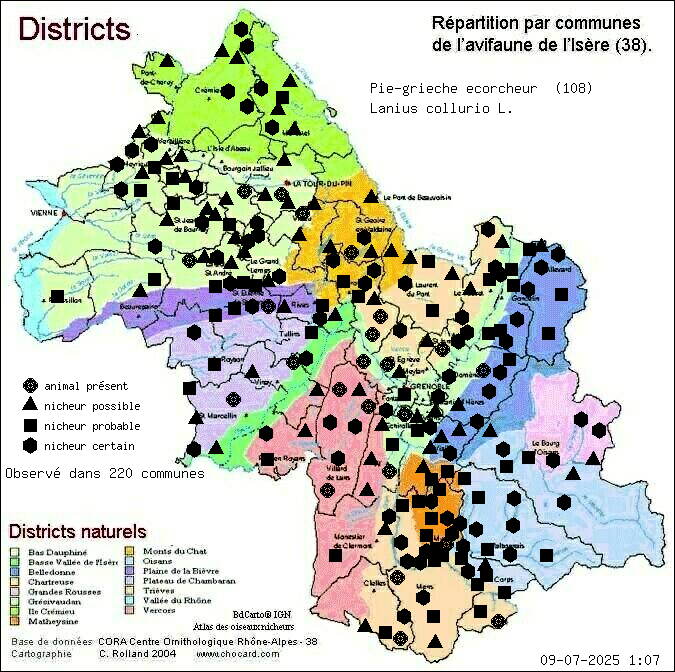 Carte de rpartition par communes en Isre d'une espce d'animal: Pie-griche corcheur (Lanius collurio L.) selon Districts naturels