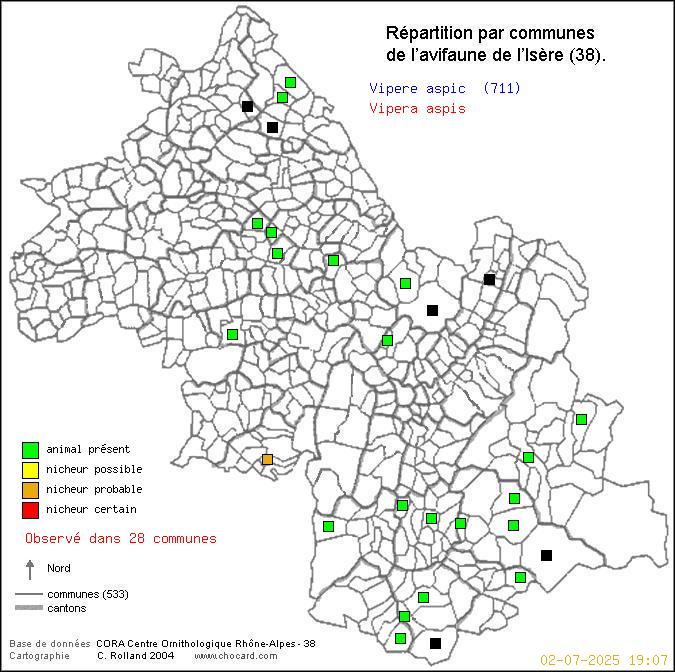 Carte de rpartition par communes en Isre d'une espce d'animal: Vipre aspic (Vipera aspis) selon Communes et cantons