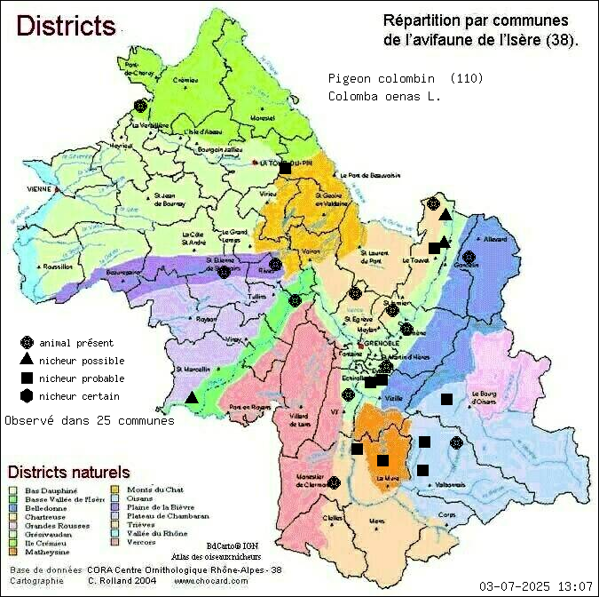 Pigeon colombin (Colomba oenas L.): carte de rpartition en Isre