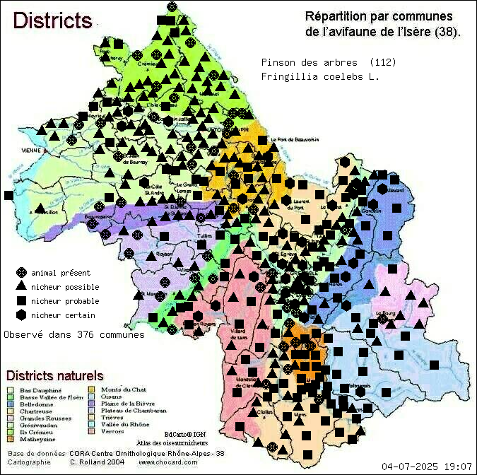 Carte de rpartition par communes en Isre d'une espce d'animal: Pinson des arbres (Fringillia coelebs L.) selon Districts naturels