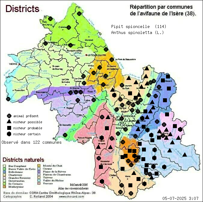 Carte de rpartition par communes en Isre d'une espce d'animal: Pipit spioncelle (Anthus spinoletta (L.)) selon Districts naturels
