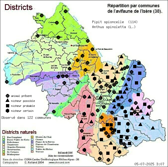 Pipit spioncelle (Anthus spinoletta (L.)): carte de rpartition en Isre