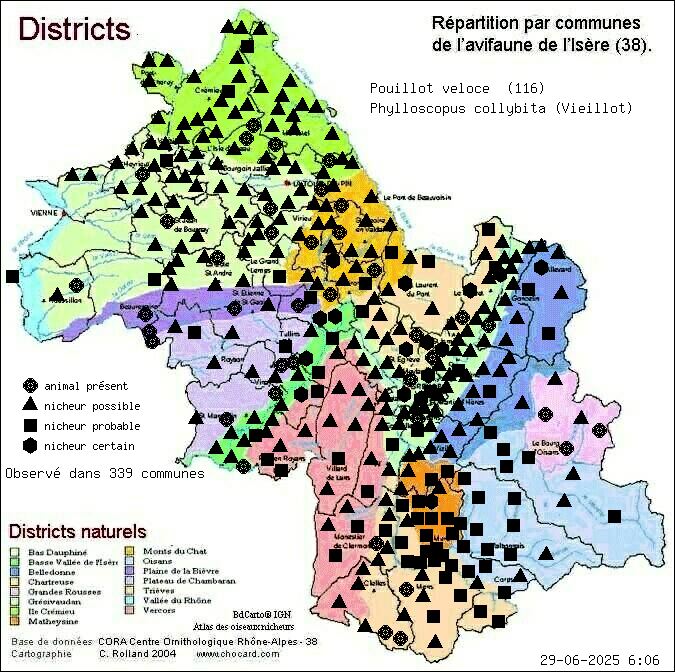 Carte de rpartition par communes en Isre d'une espce d'animal: Pouillot vloce (Phylloscopus collybita (Vieillot)) selon Districts naturels