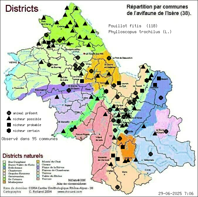Carte de rpartition par communes en Isre d'une espce d'animal: Pouillot fitis (Phylloscopus trochilus (L.)) selon Districts naturels