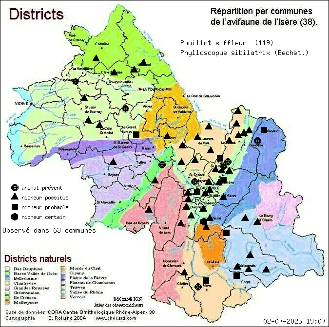 Carte de rpartition par communes en Isre d'une espce d'animal: Pouillot siffleur (Phylloscopus sibilatrix (Bechst.)) selon Districts naturels