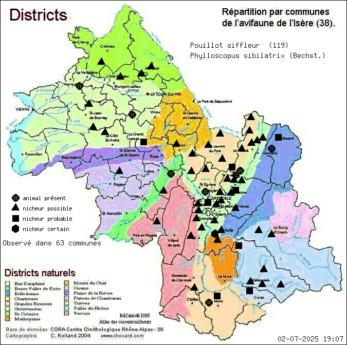 Pouillot siffleur (Phylloscopus sibilatrix (Bechst.)): carte de rpartition en Isre