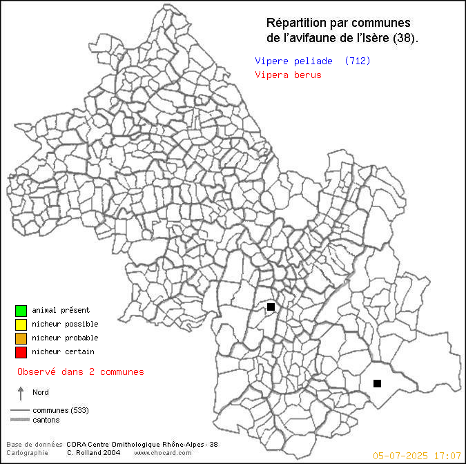 Carte de rpartition par communes en Isre d'une espce d'animal: Vipre pliade (Vipera berus) selon Communes et cantons